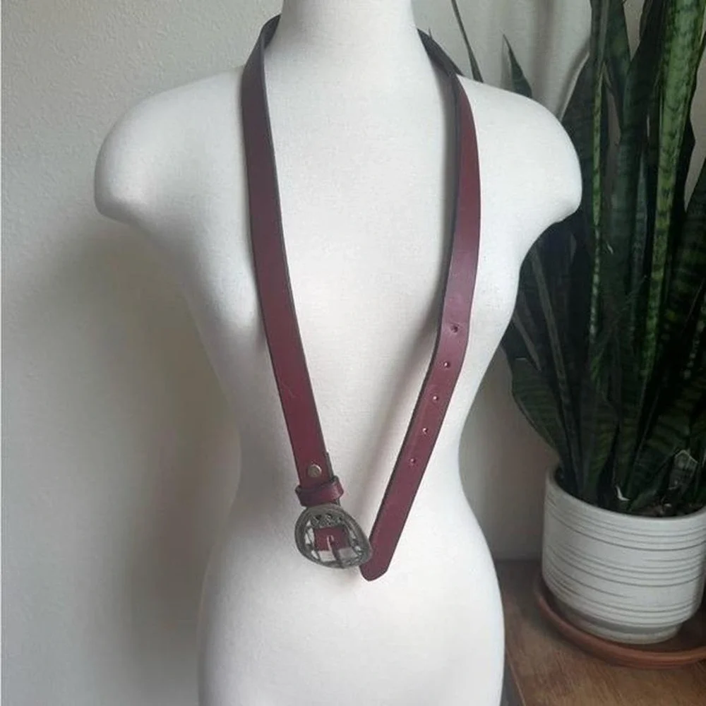Vintage‎ Western Leather Belt Burgundy Brass antique style Buckle